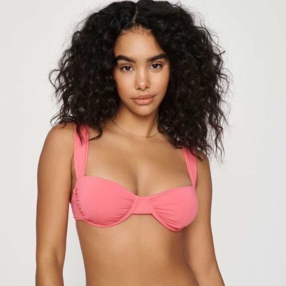 Dynamite Pink Ruched Underwire Bustier Bikini Top Swimwear